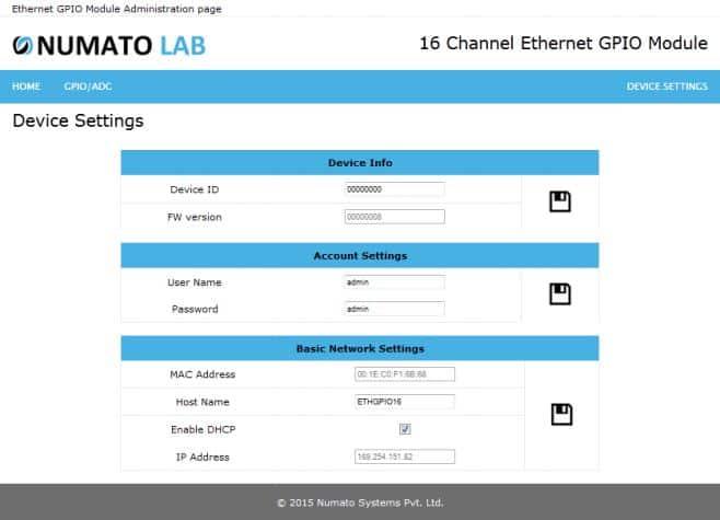 16 Channel Ethernet GPIO Module Device Settings